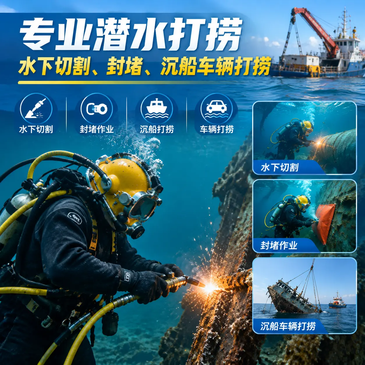 专业潜水打捞｜水下切割、封堵、沉船车辆打捞龙潭